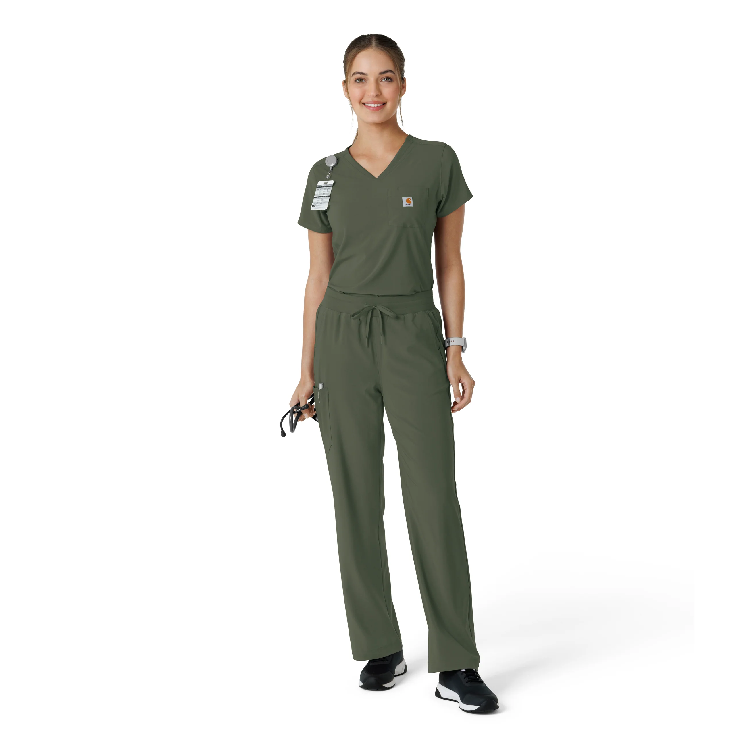 Carhartt Force Cross-Flex Women's Tuck-In Scrub Top - Olive - Image 3