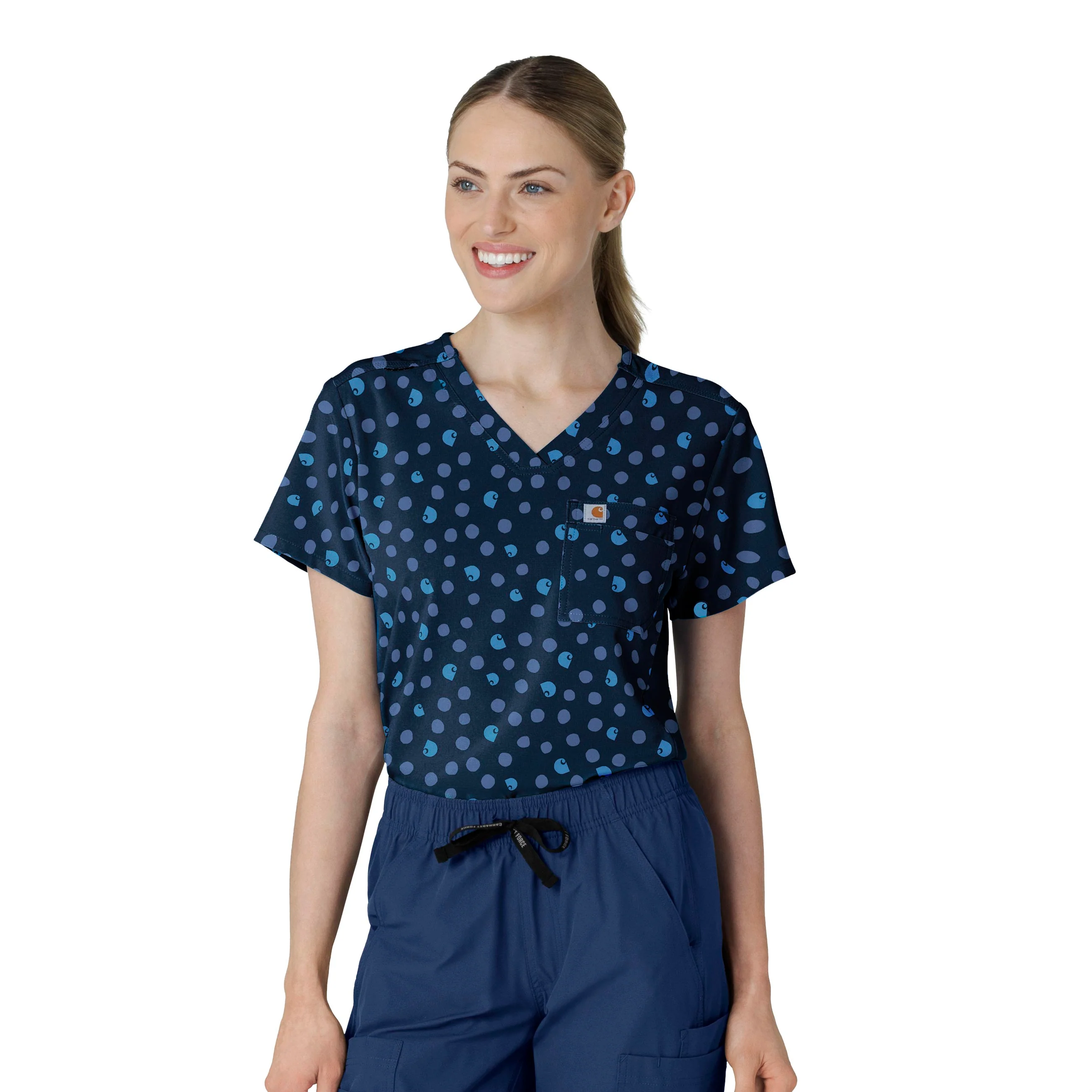 Carhartt Women's Tuck-In Print Scrub Top - Lively Logo Dots Navy