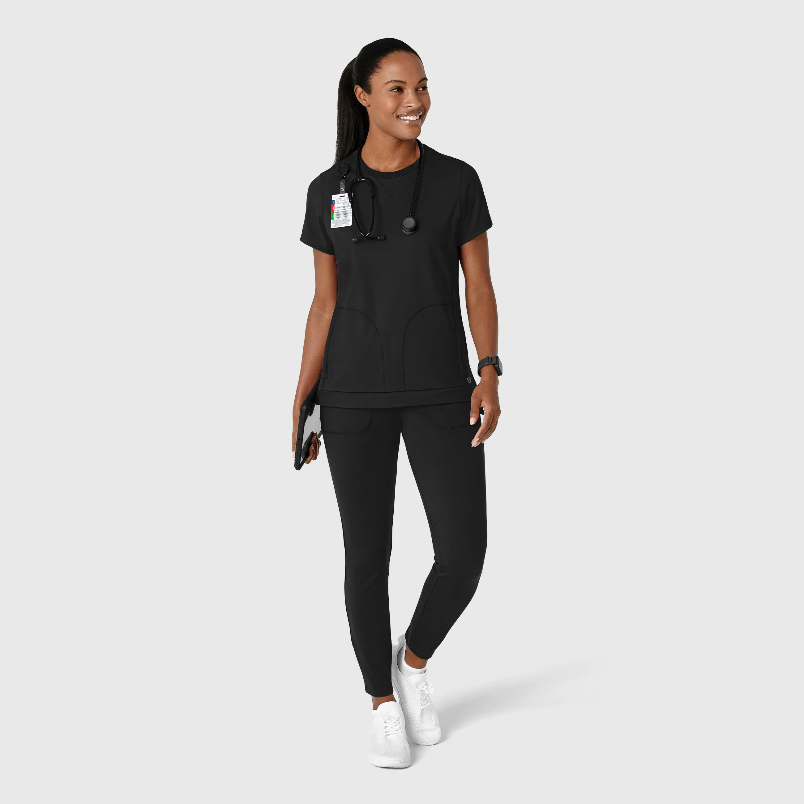 RENEW Knit Women's Flex-n-Reach Crew Neck Scrub Top - Black - Image 3