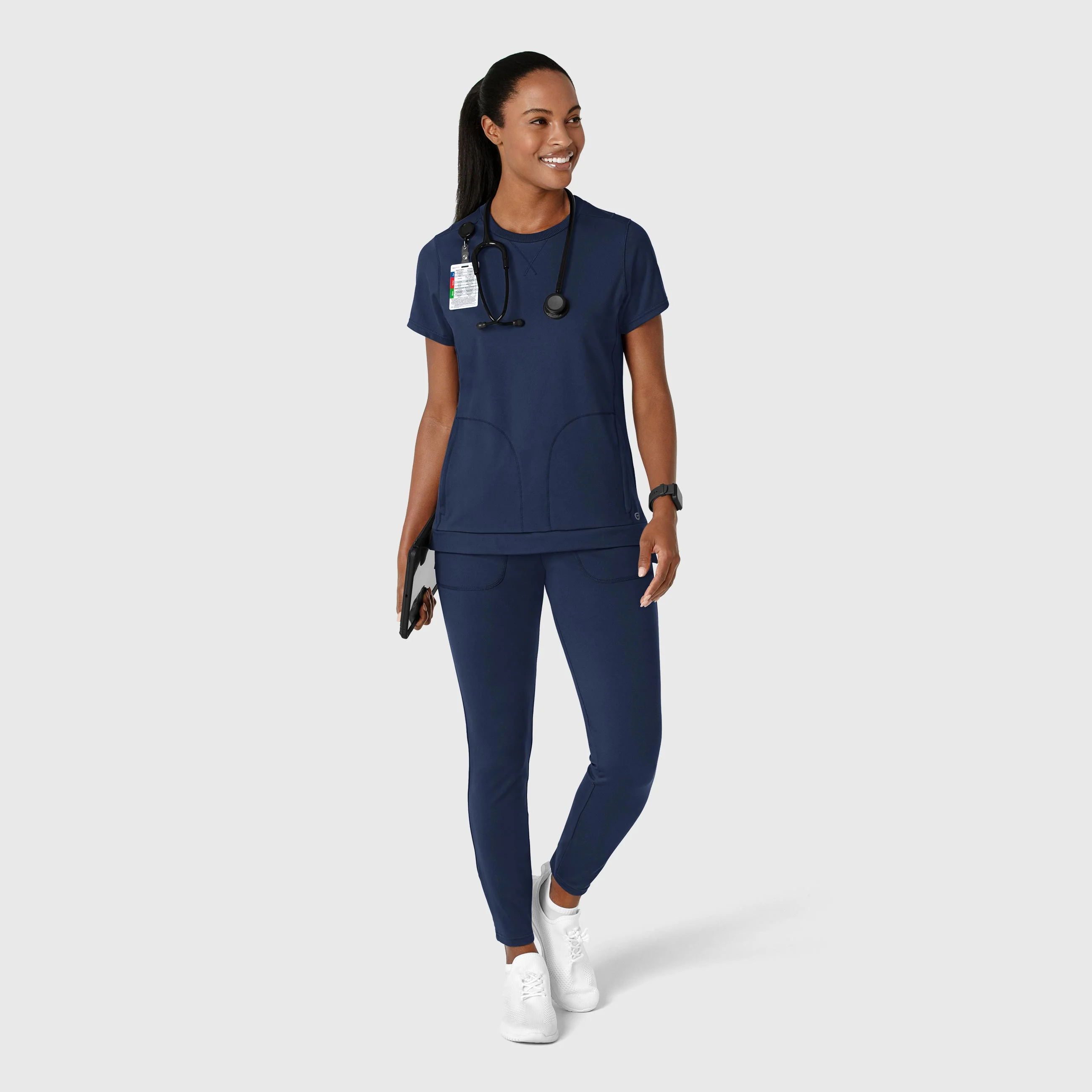 RENEW Knit Women's Flex-n-Reach Crew Neck Scrub Top - Navy - Image 3