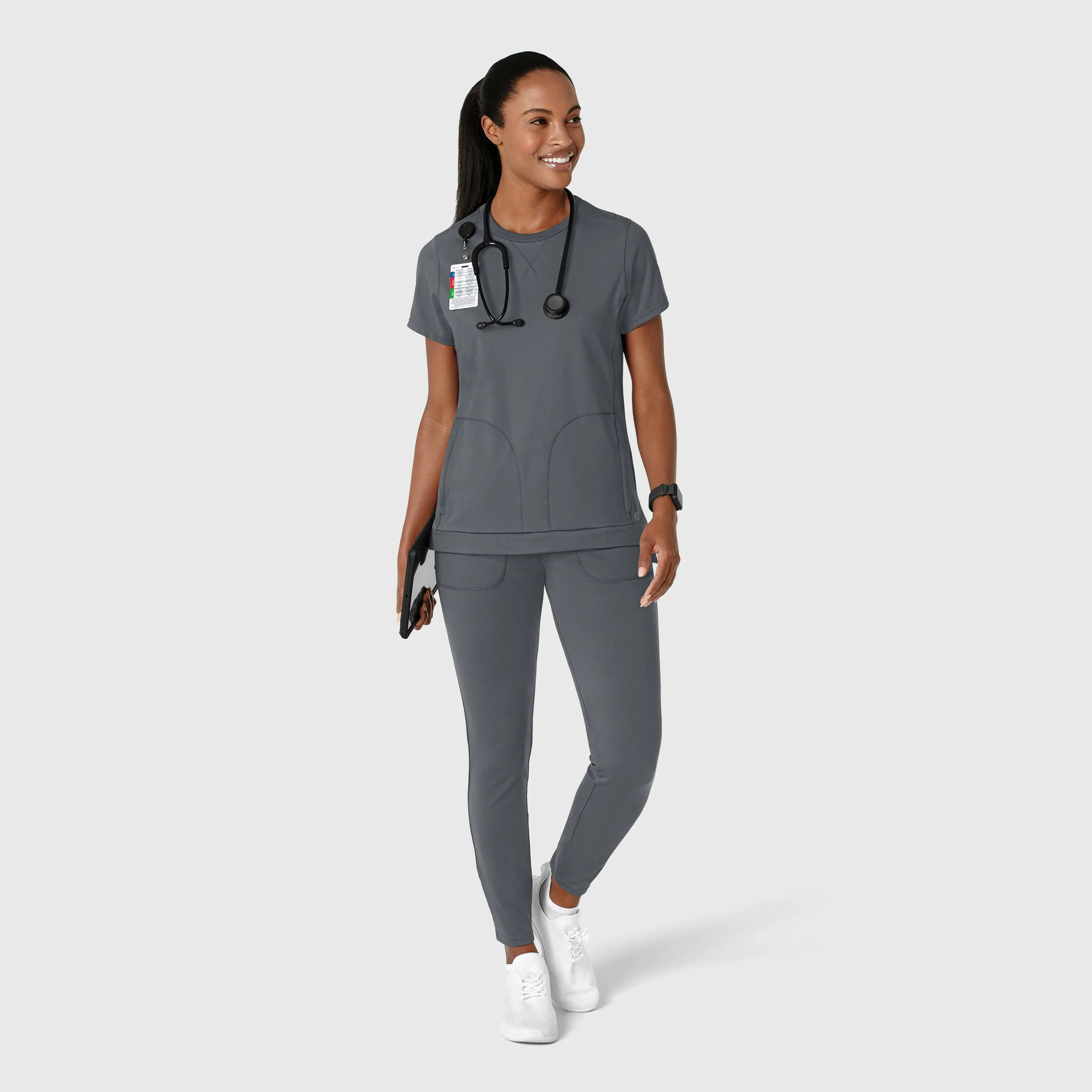 RENEW Knit Women's Flex-n-Reach Crew Neck Scrub Top - Pewter - Image 3