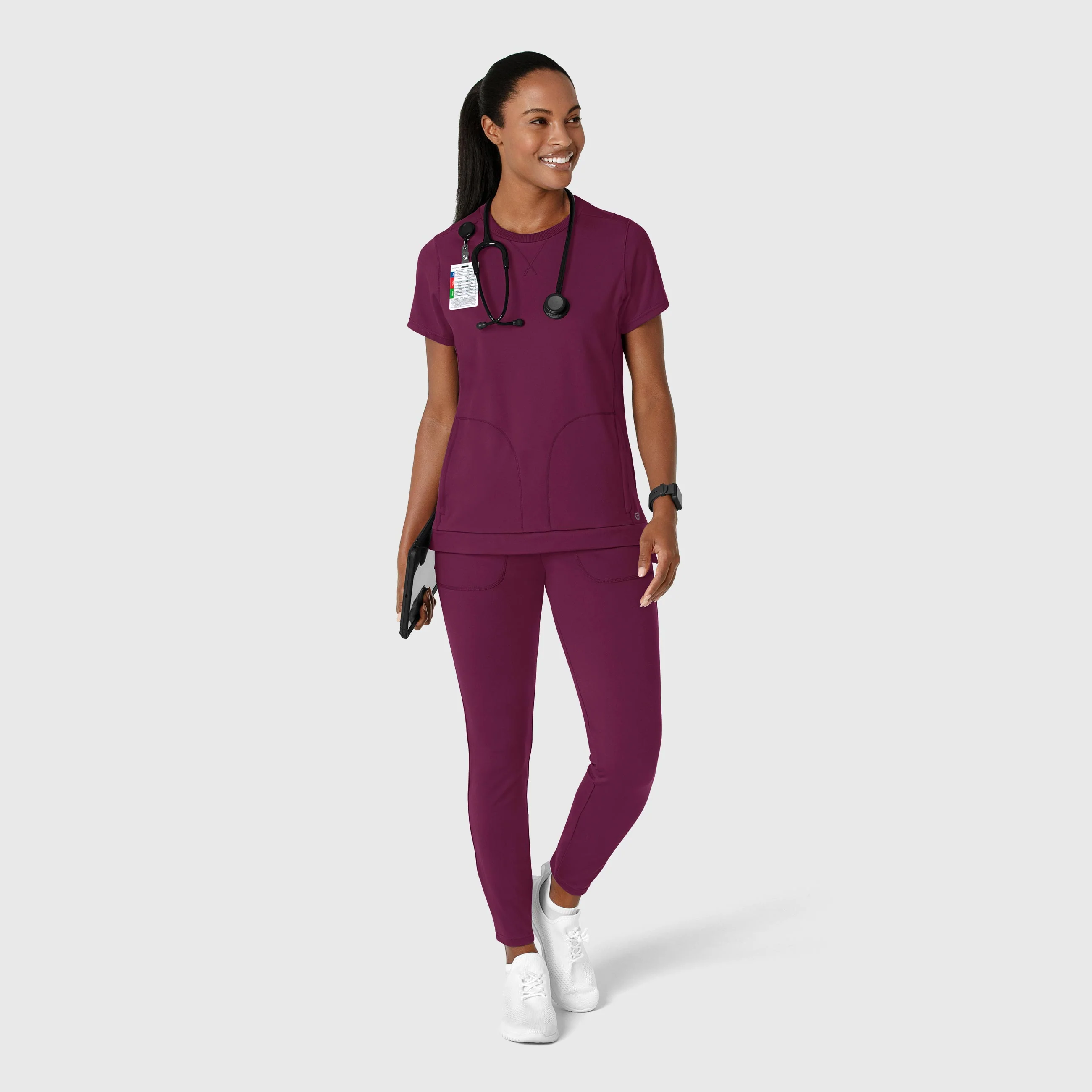 RENEW Knit Women's Flex-n-Reach Crew Neck Scrub Top - Wine - Image 3