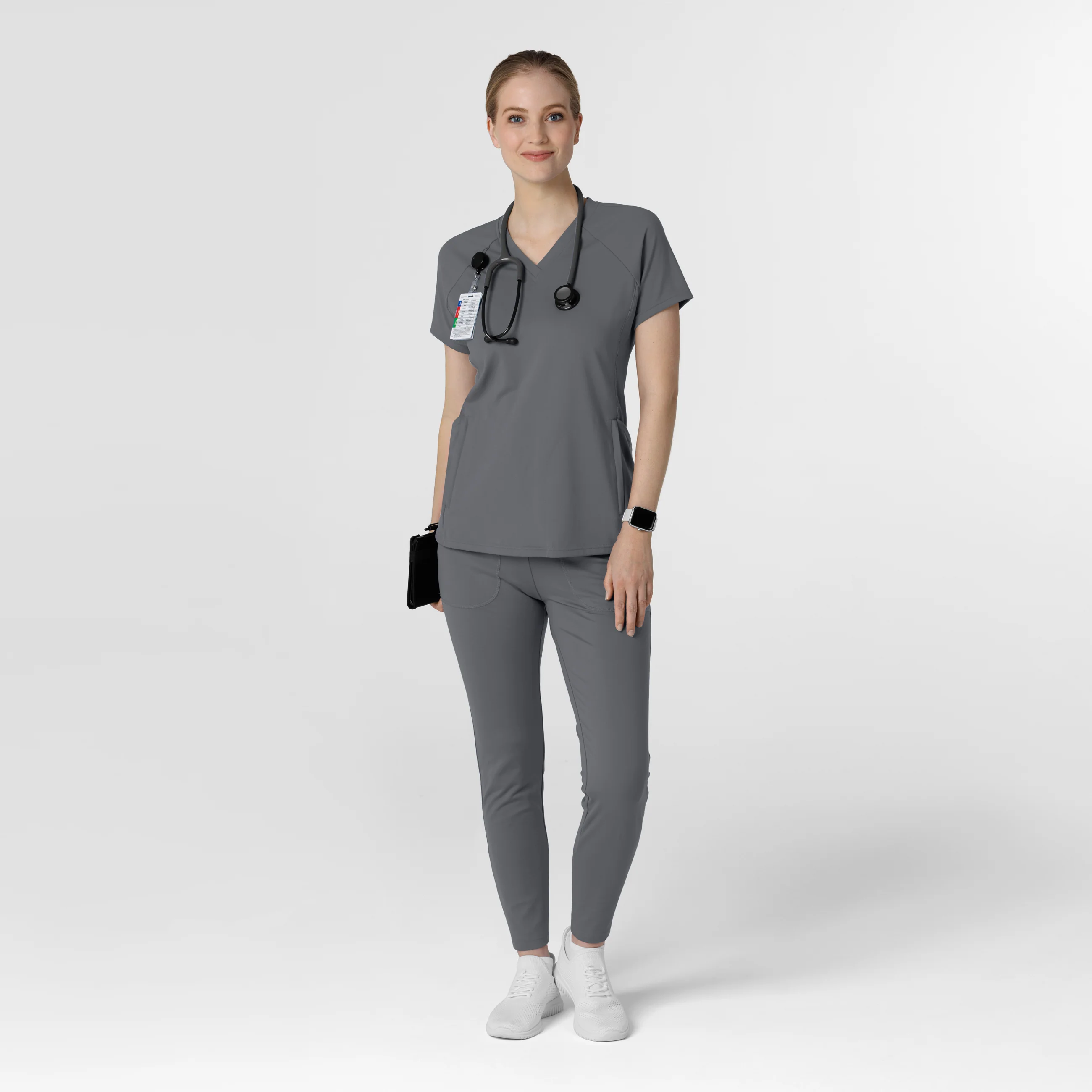 RENEW Knit Women's Flex-n-Reach V-Neck Raglan Scrub Top - Pewter - Image 3