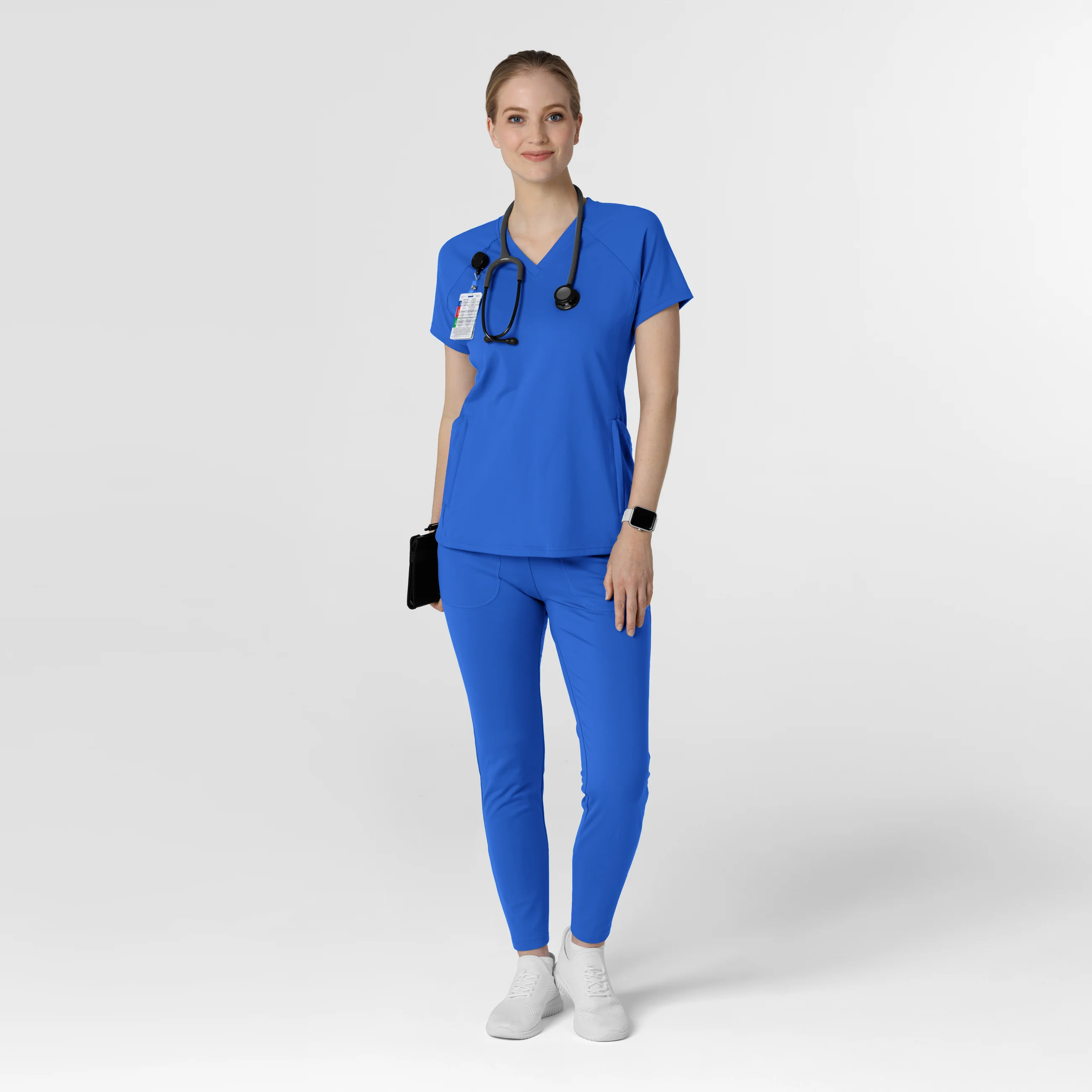 RENEW Knit Women's Flex-n-Reach V-Neck Raglan Scrub Top - Royal - Image 3