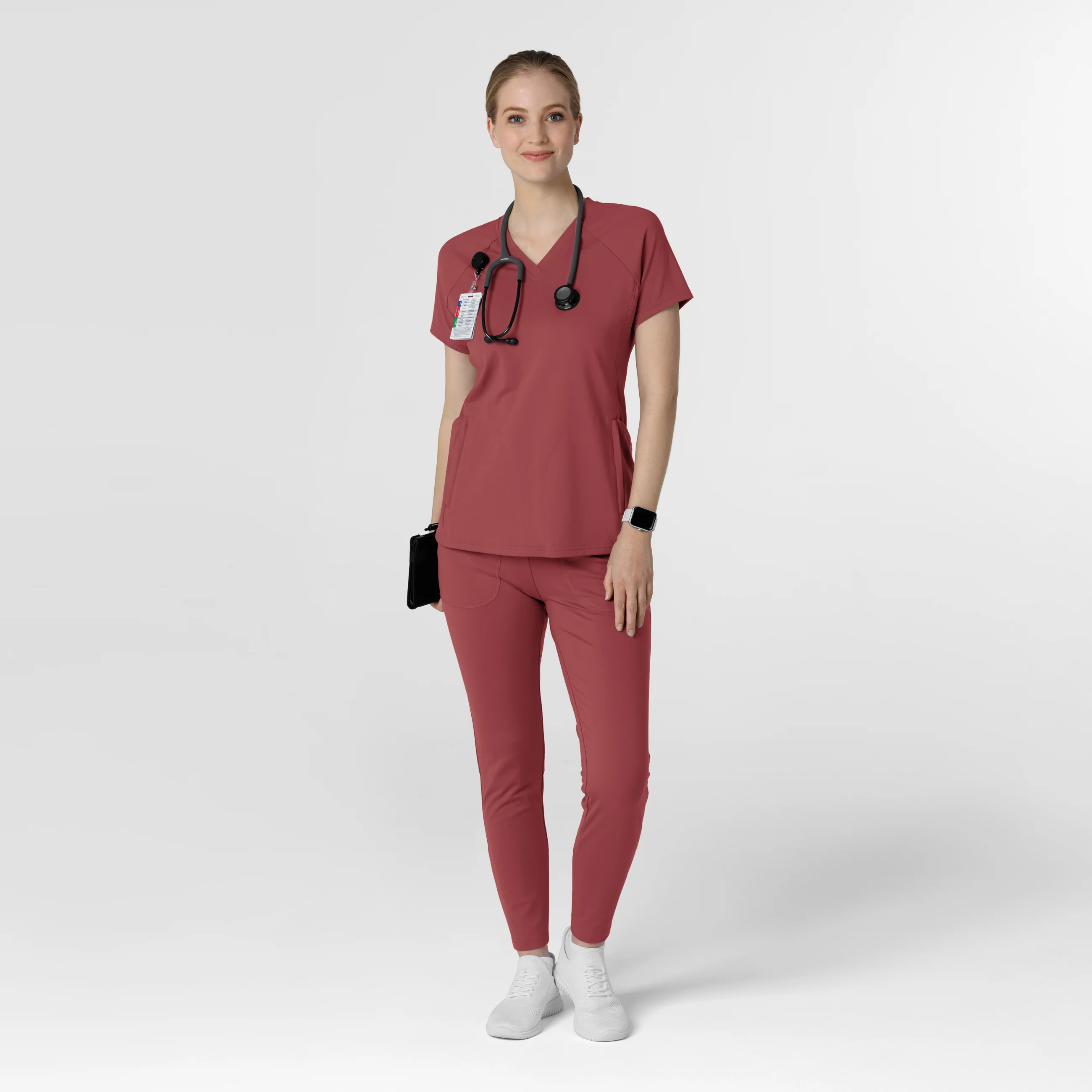 RENEW Knit Women's Flex-n-Reach V-Neck Raglan Scrub Top - Ruby - Image 3