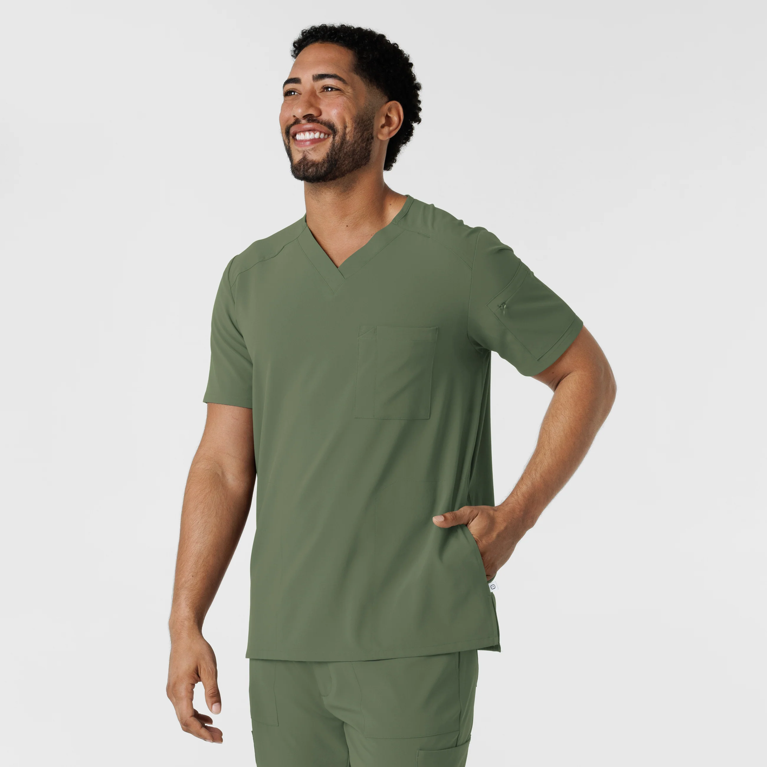 RENEW Men's V-Neck 5 Pocket Scrub Top - Olive - Image 4
