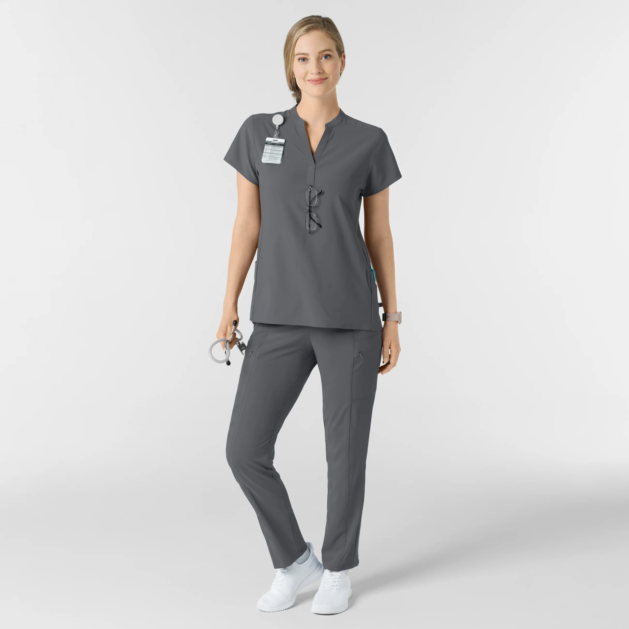 RENEW Women's Mandarin Collar Scrub Top - Pewter - Image 3