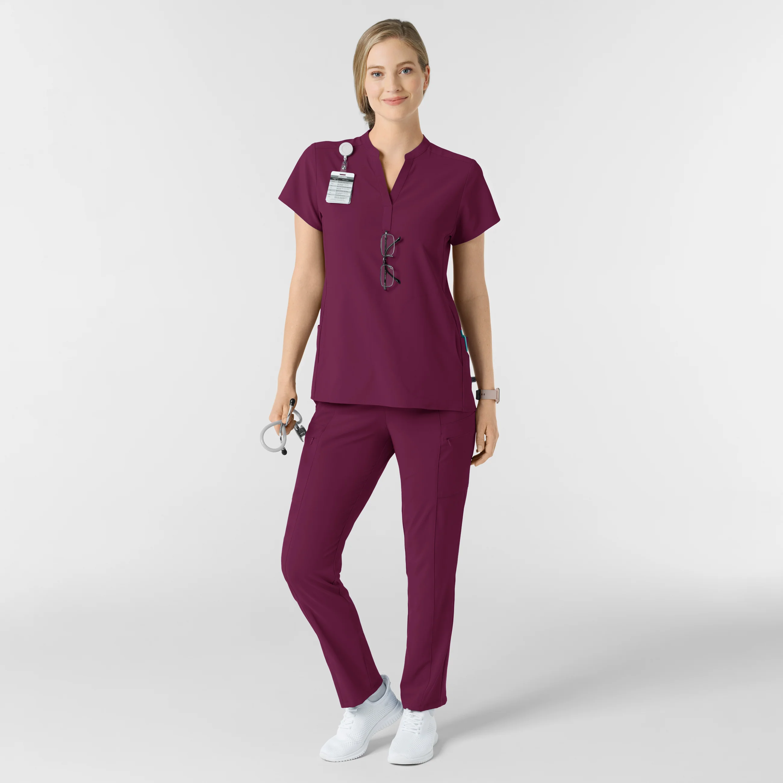 RENEW Women's Mandarin Collar Scrub Top - Wine - Image 3