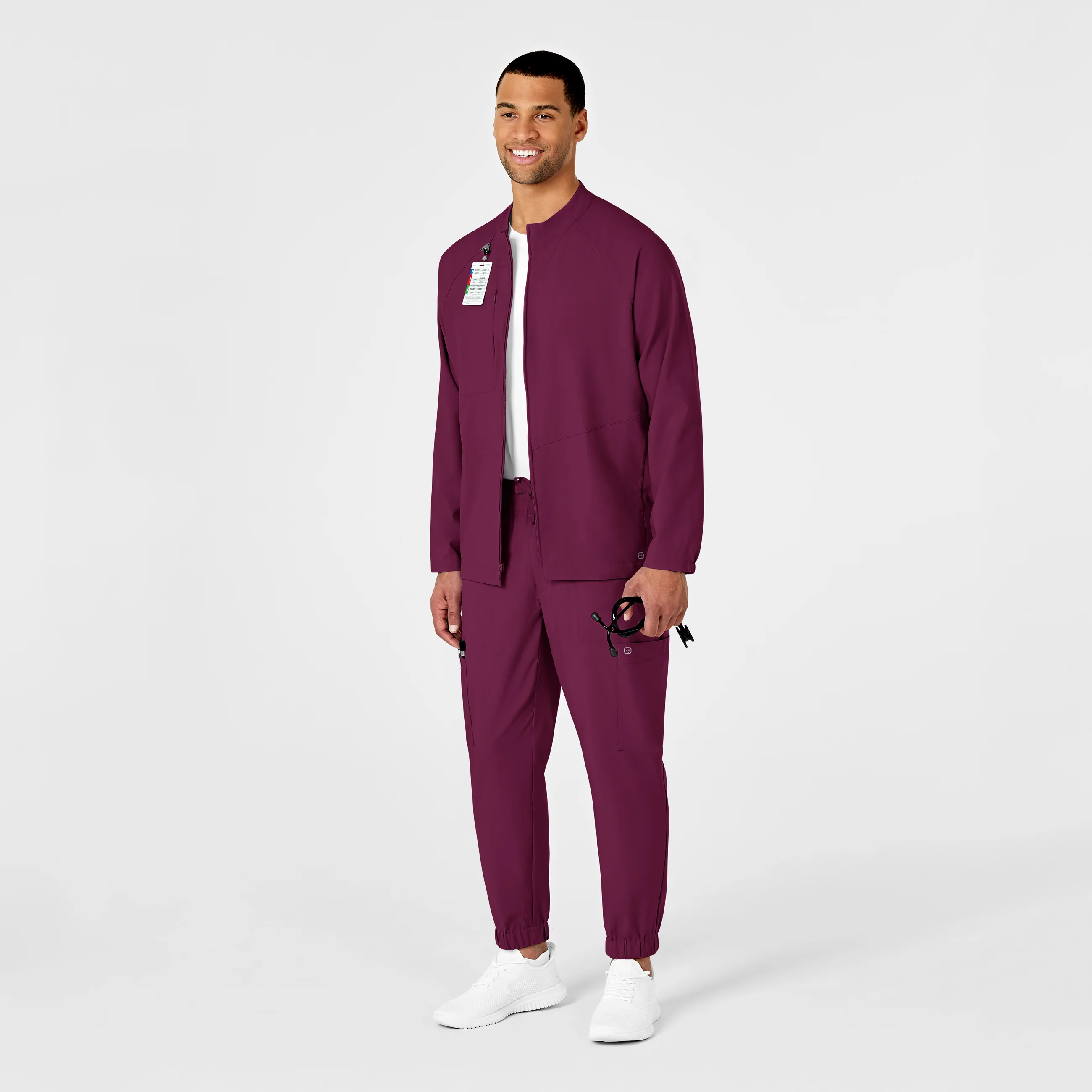 W123 Mens Zip Front Warm Up Scrub Jacket - Wine - Image 3