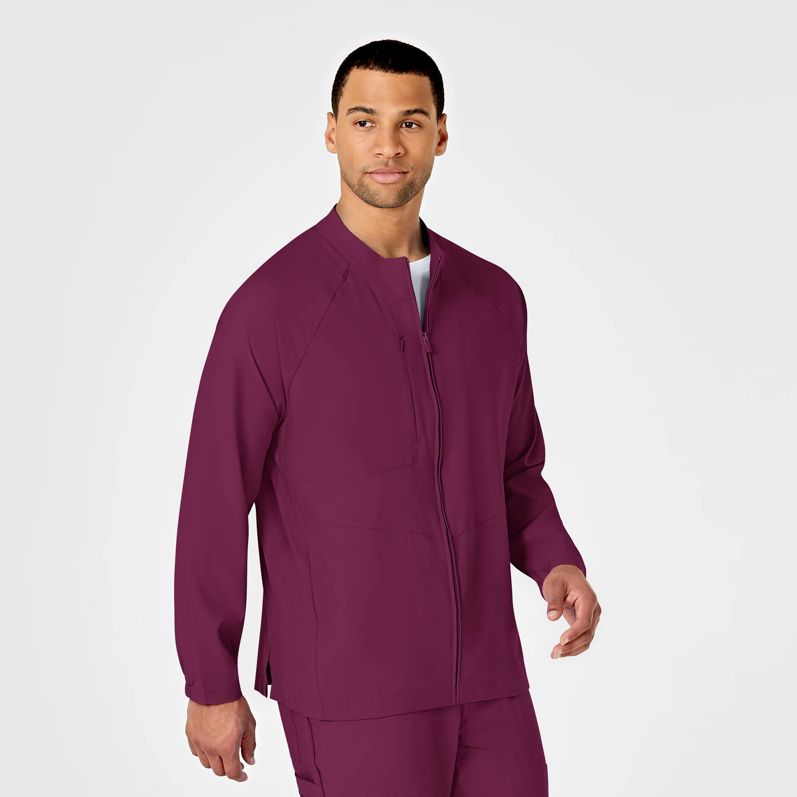 W123 Mens Zip Front Warm Up Scrub Jacket - Wine - Image 4