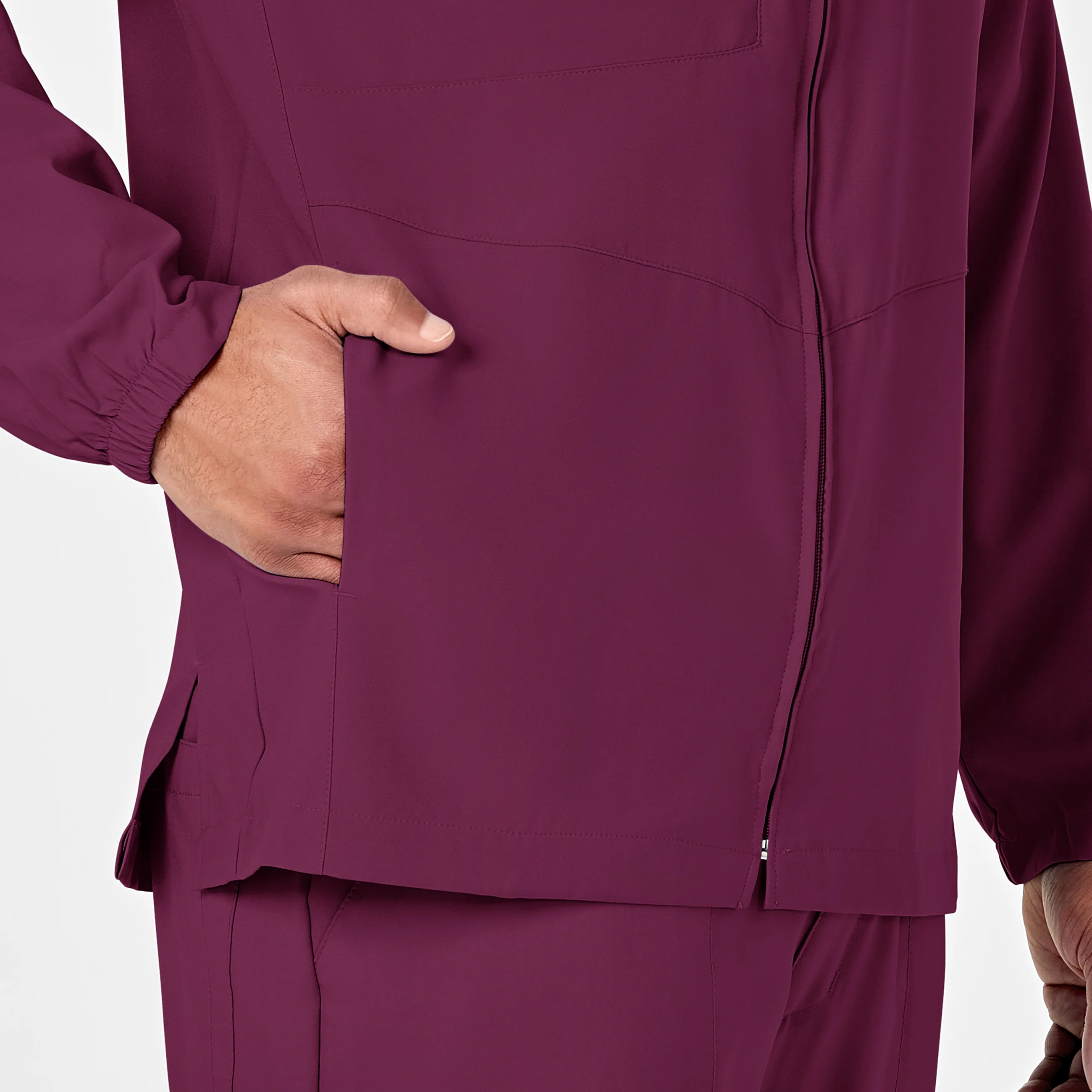 W123 Mens Zip Front Warm Up Scrub Jacket - Wine - Image 7