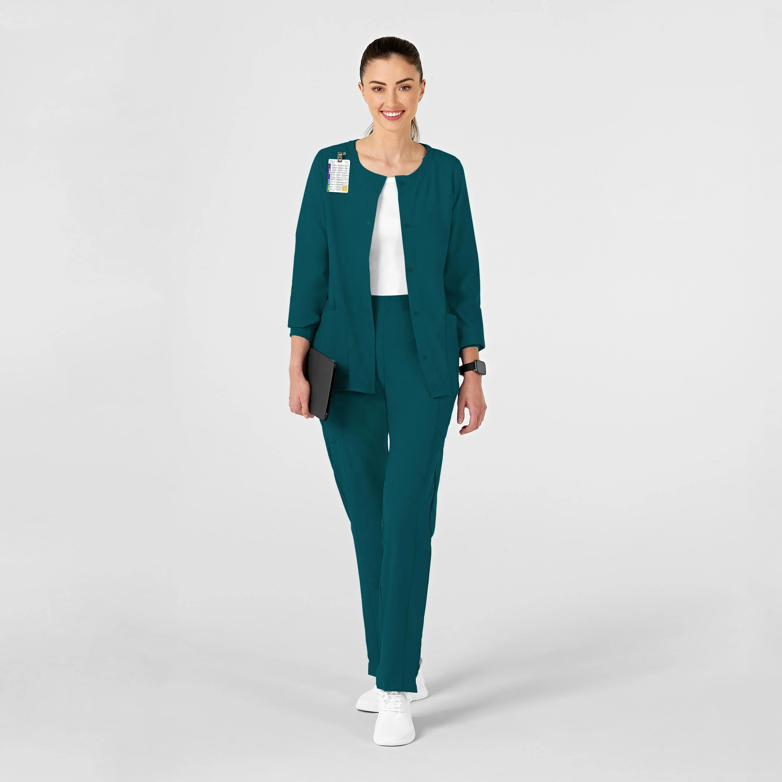 W123 Women's Crew Neck Warm Up Scrub Jacket - Caribbean - Image 3
