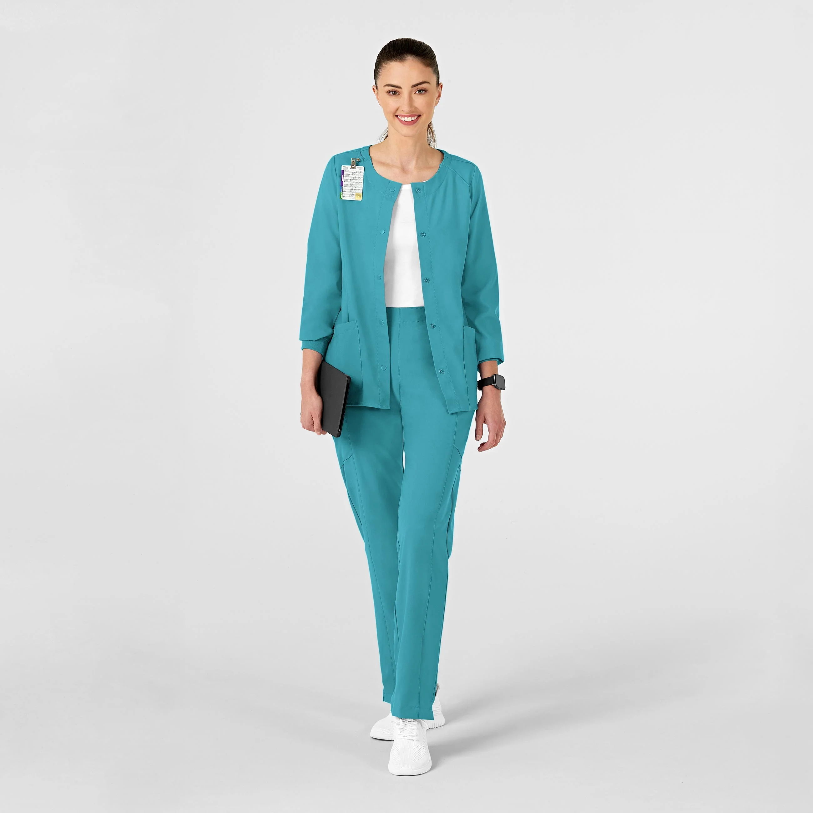 W123 Women's Crew Neck Warm Up Scrub Jacket - Teal Blue - Image 3