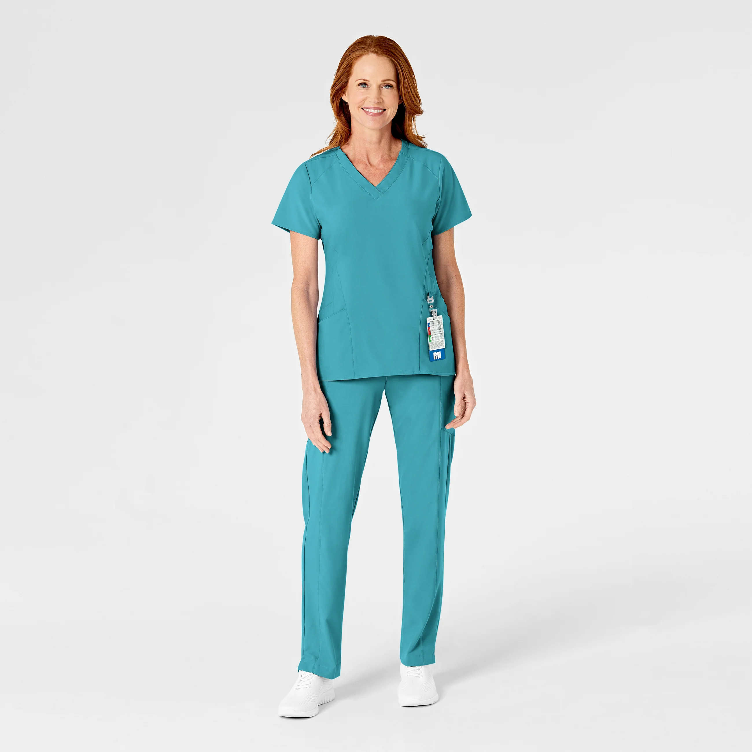 W123 Women's Flat Front Cargo Scrub Pant - Teal Blue - Image 3