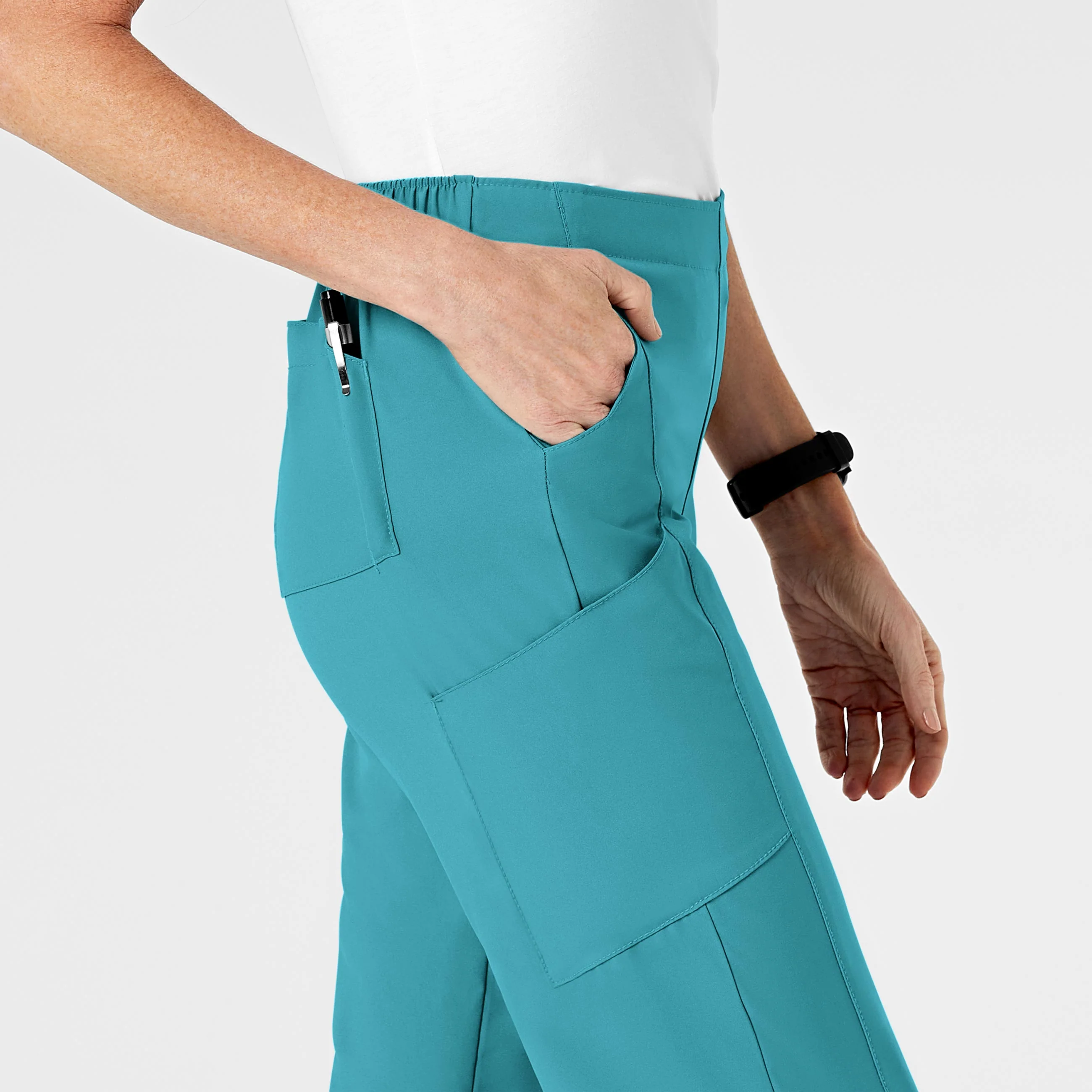 W123 Women's Flat Front Cargo Scrub Pant - Teal Blue - Image 7