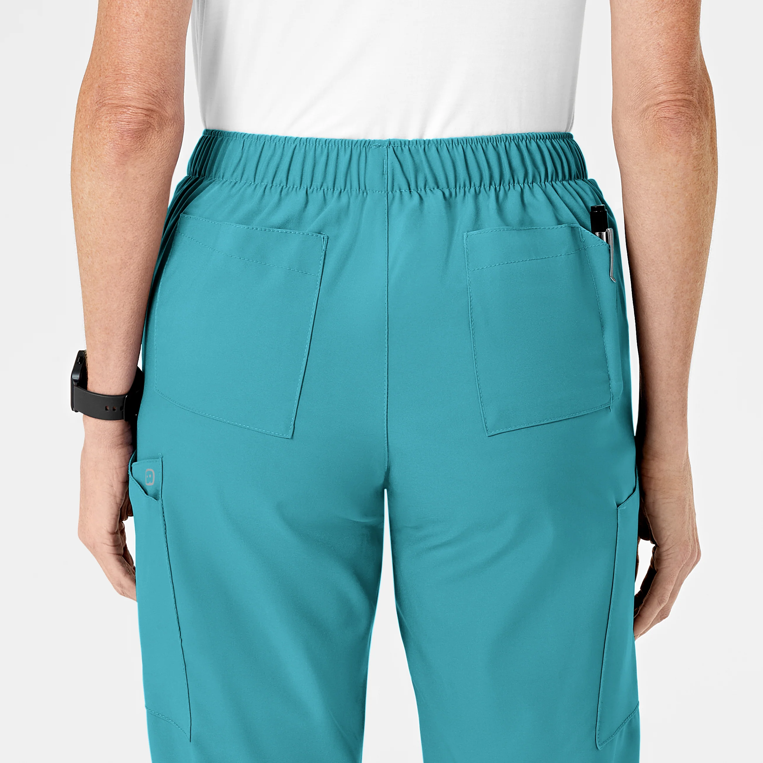 W123 Women's Flat Front Cargo Scrub Pant - Teal Blue - Image 9