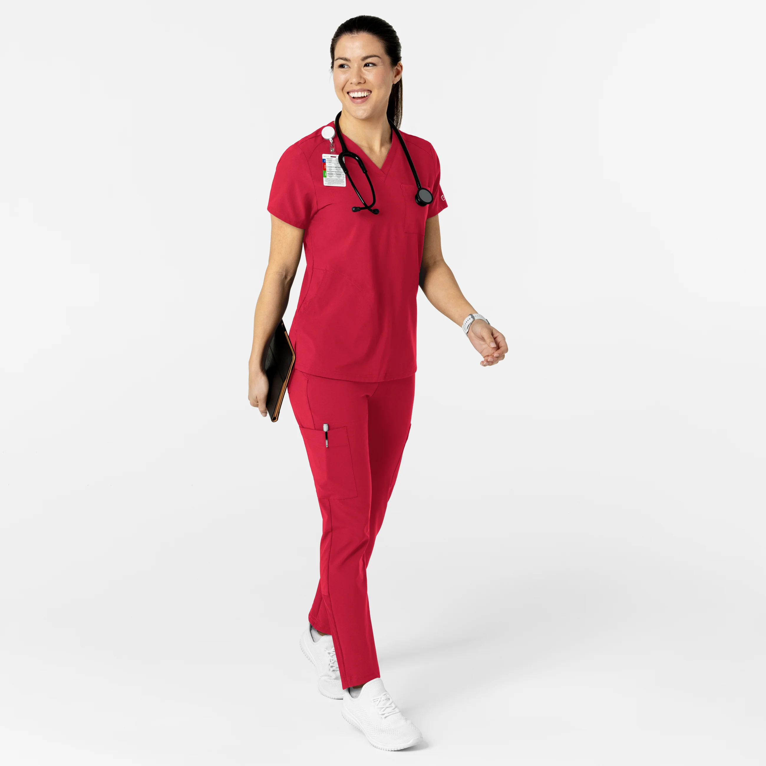 W123 Women's Flex-n-Reach V-Neck Scrub Top - Red - Image 3