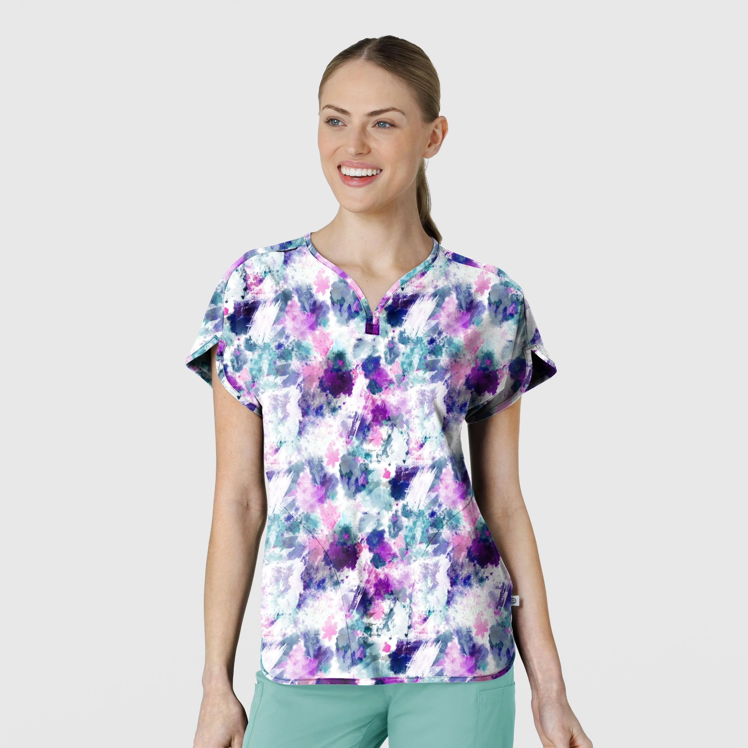 Women's Dolman Print Scrub Top - Futuristic Floral