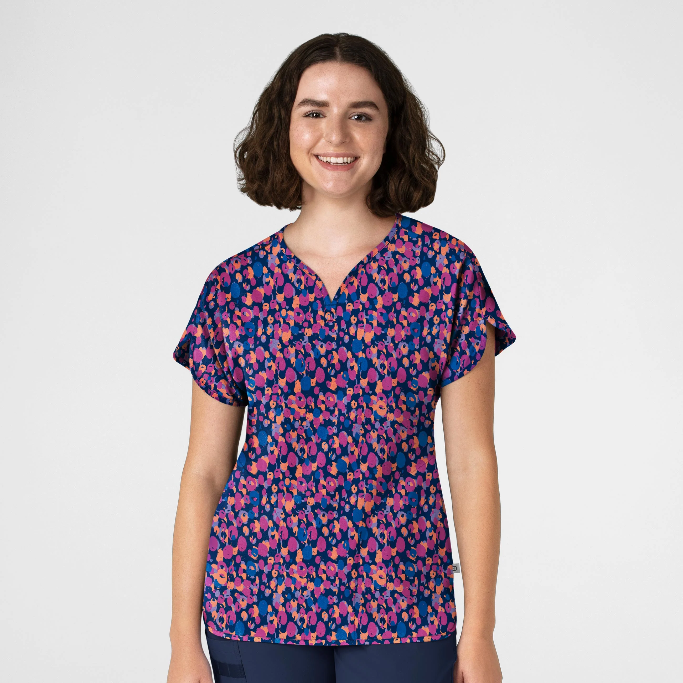 Women's Dolman Print Scrub Top - Painted Dots Navy