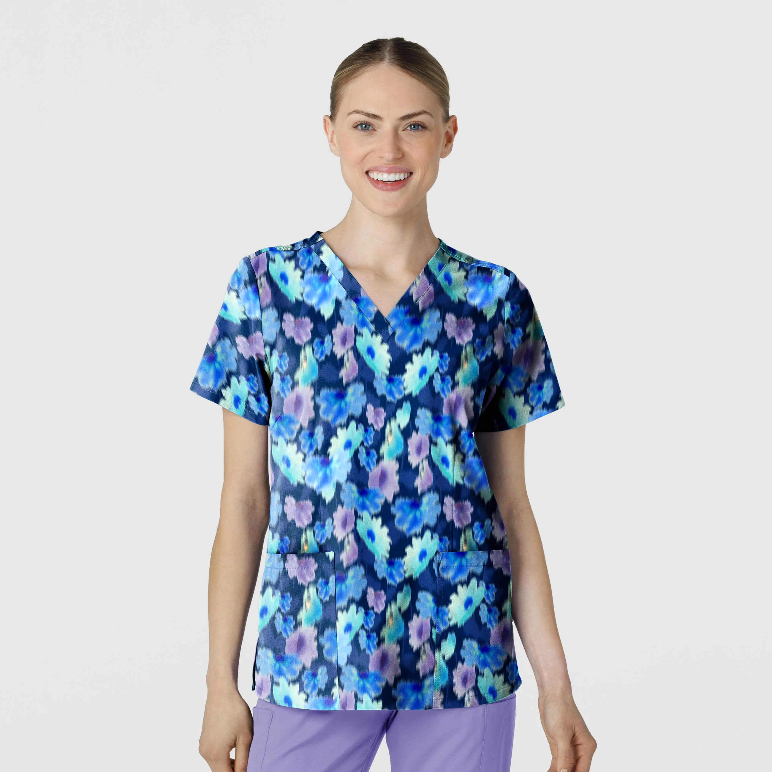 Women's Fitted 3-Pocket V-Neck Print Scrub Top - Flower Meadow