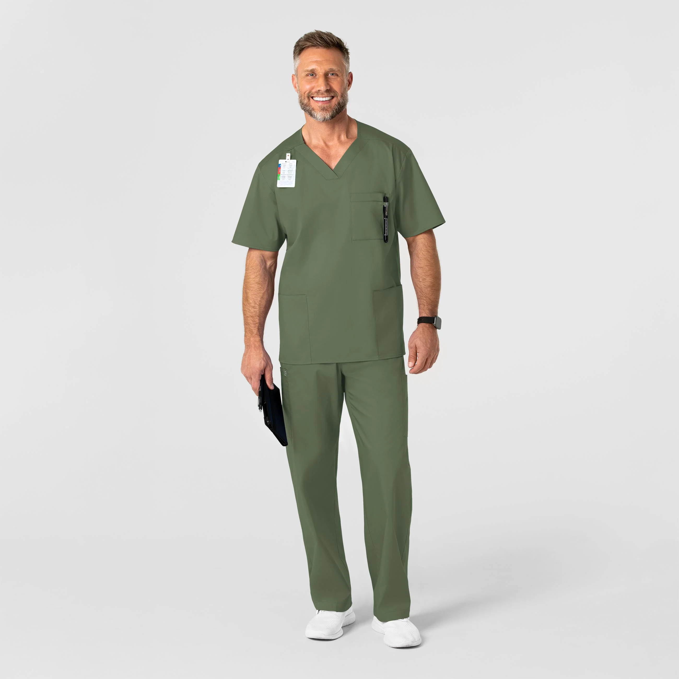 WonderWORK Men's V-Neck Scrub Top - Olive - Image 3