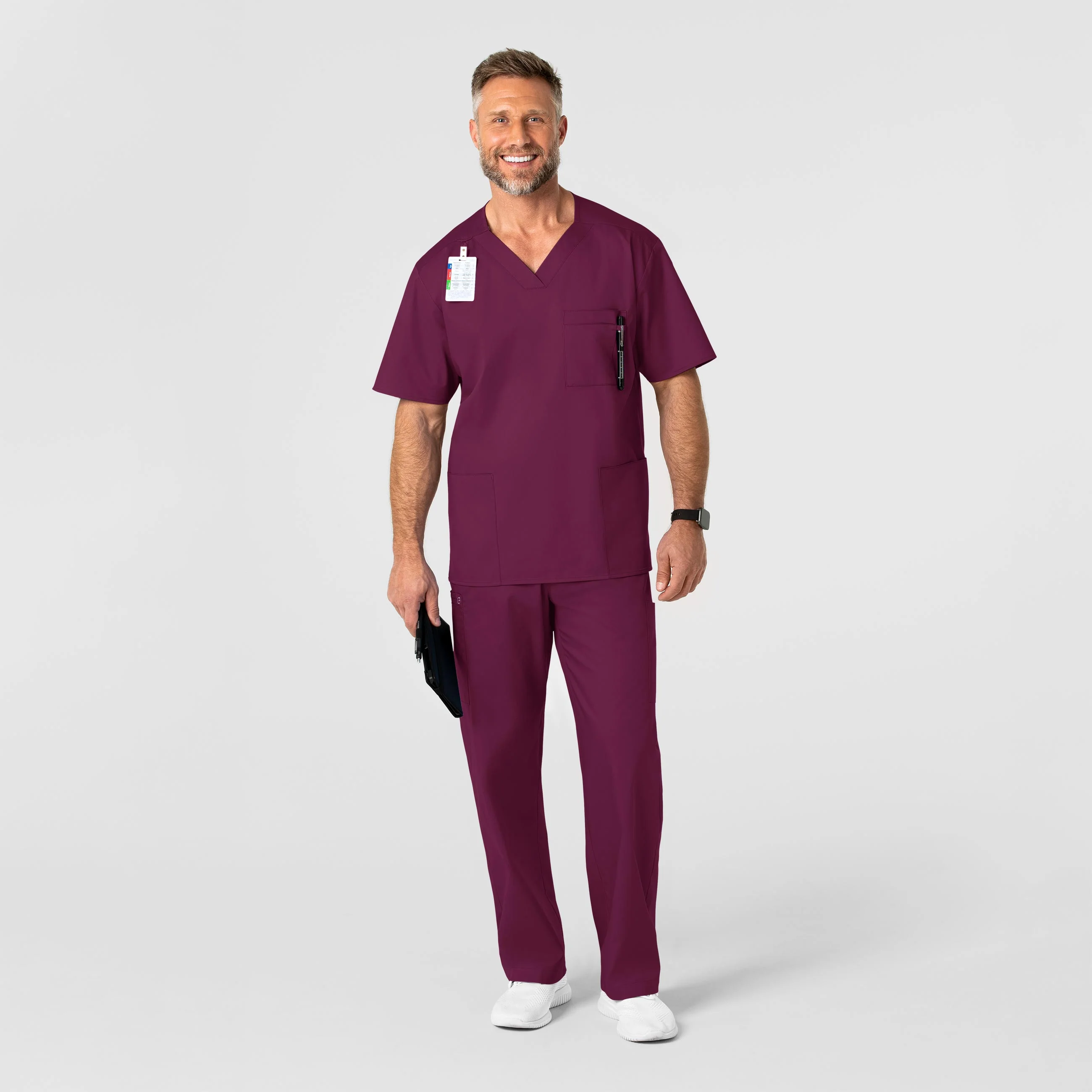 WonderWORK Men's V-Neck Scrub Top - Wine - Image 3