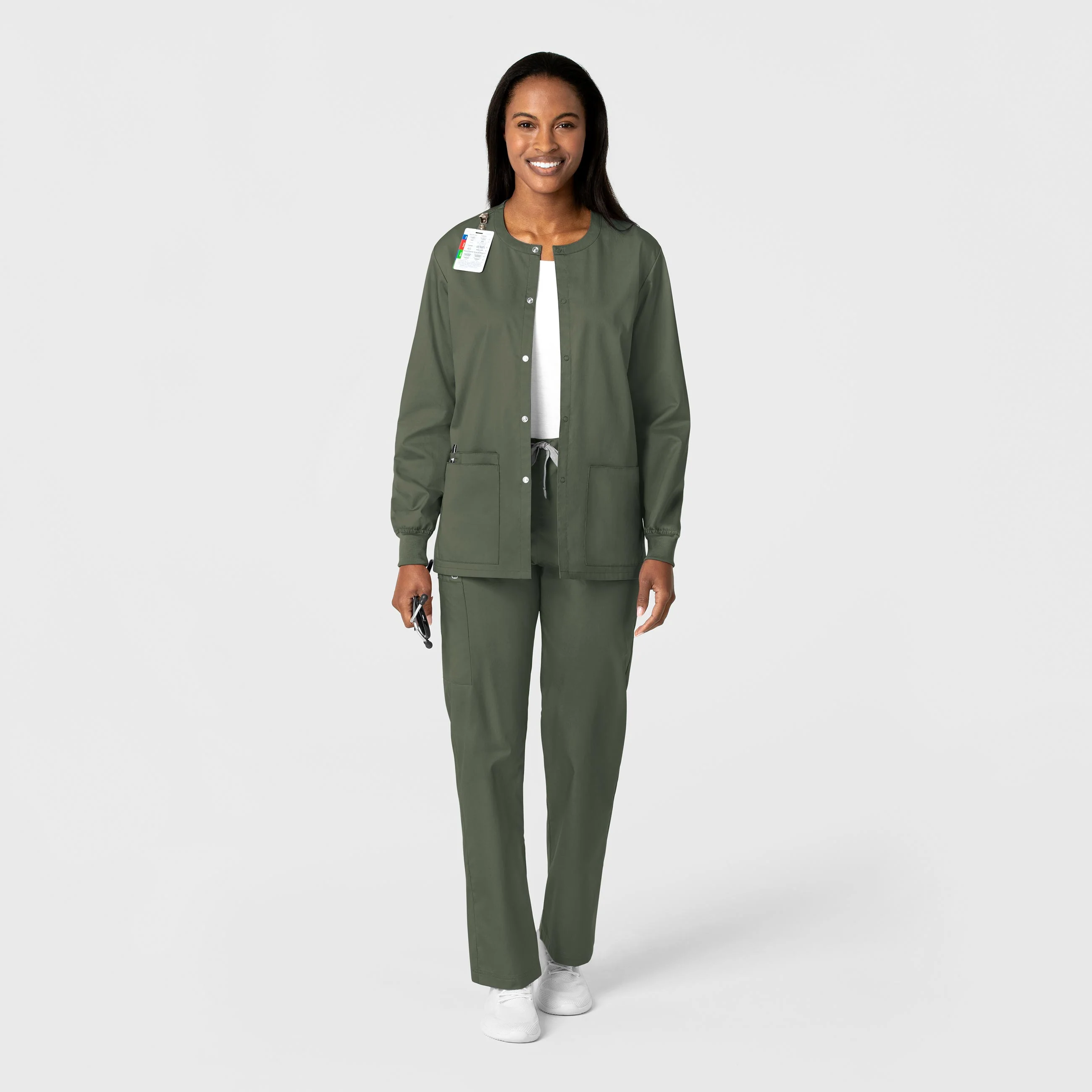 WonderWORK Unisex Snap Front Scrub Jacket - Olive - Image 3