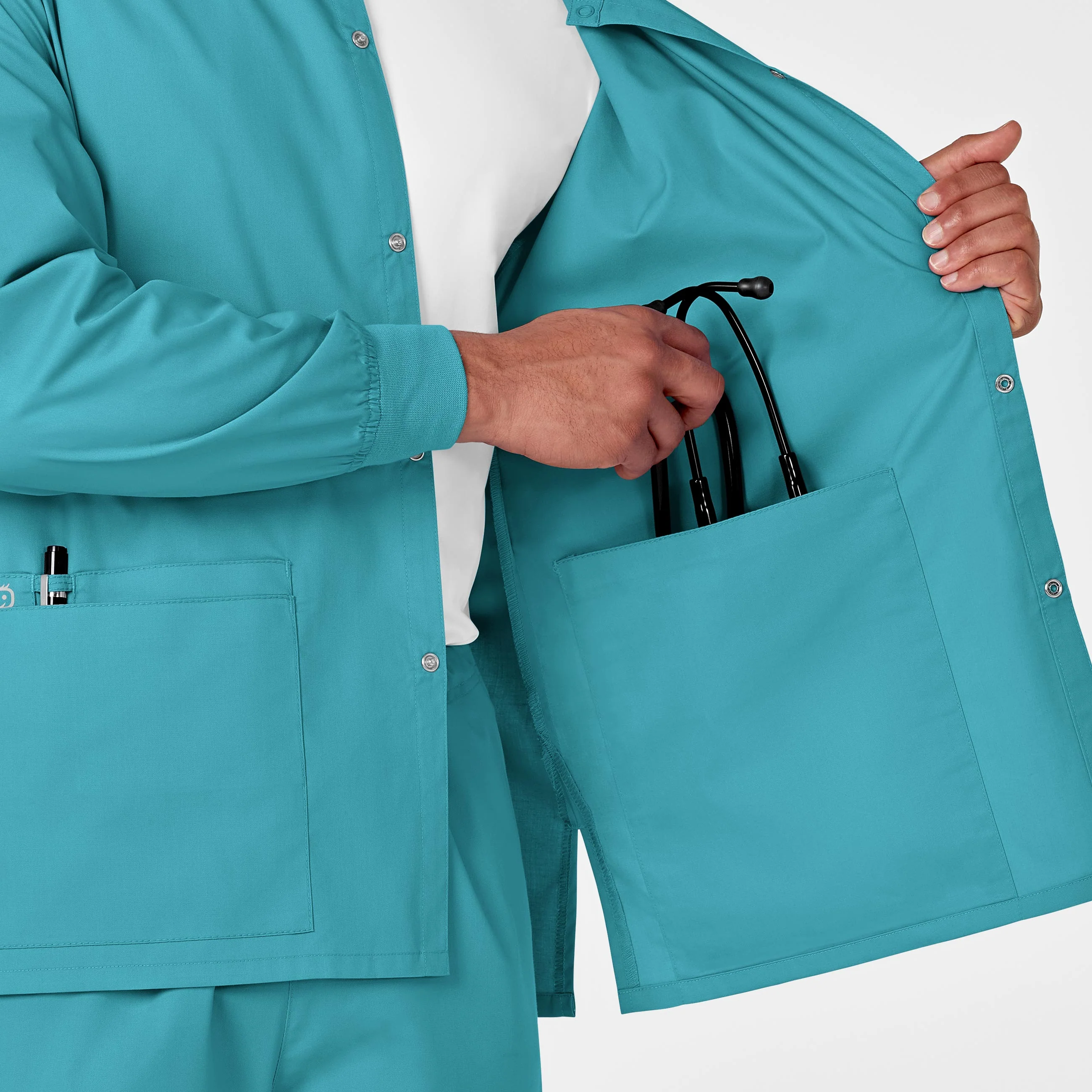 WonderWORK Unisex Snap Front Scrub Jacket - Teal Blue - Image 10