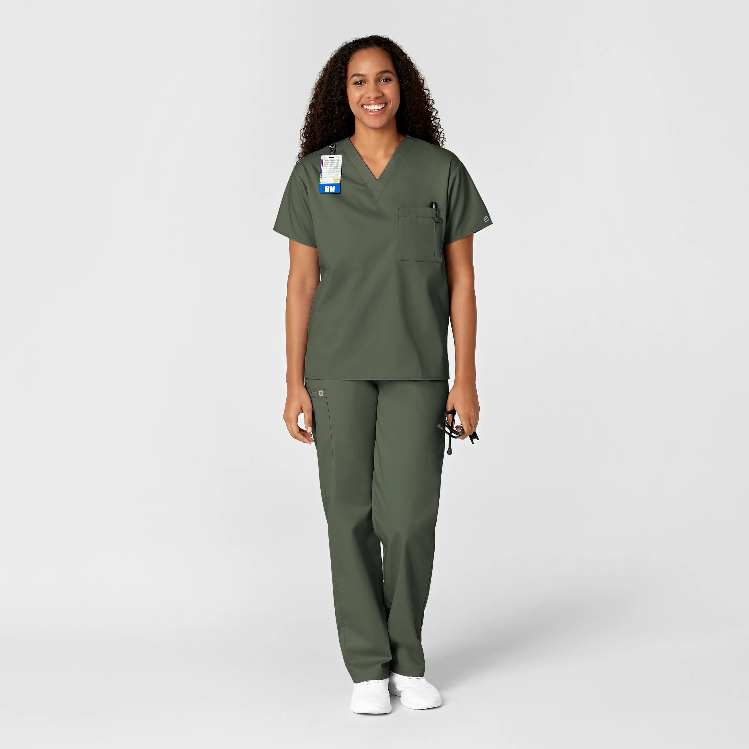 WonderWORK Unisex V-Neck Scrub Top - Olive - Image 3