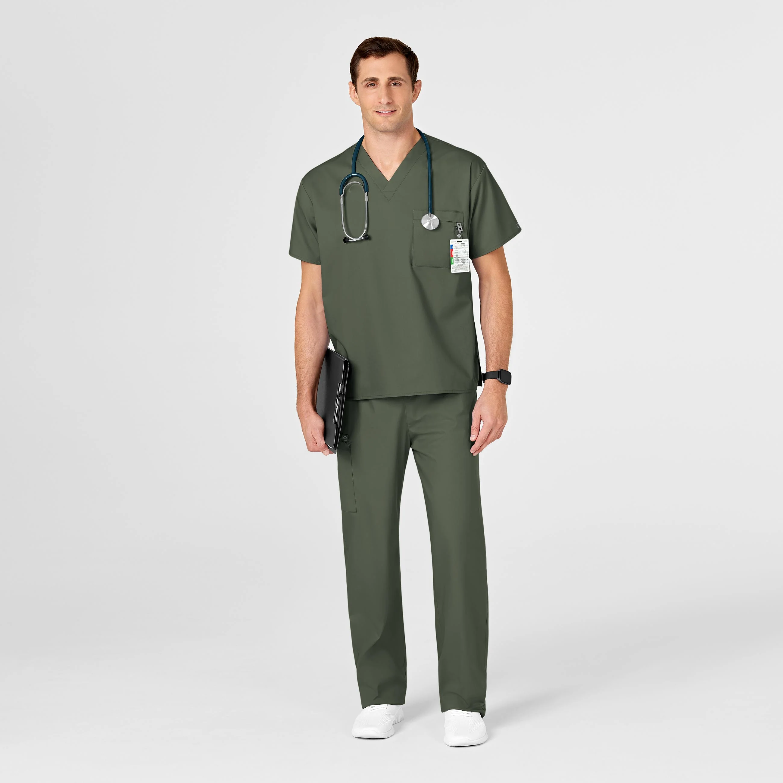 WonderWORK Unisex V-Neck Scrub Top - Olive - Image 6
