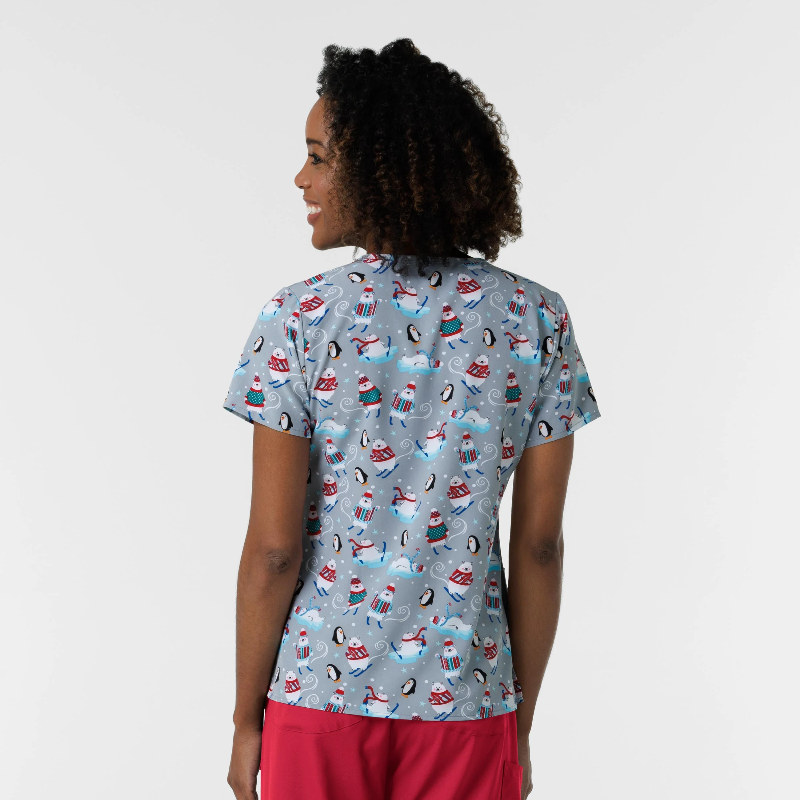 Zoe+Chloe Performance V-Neck Print Scrub Top - 'Tis the Skison - Image 2