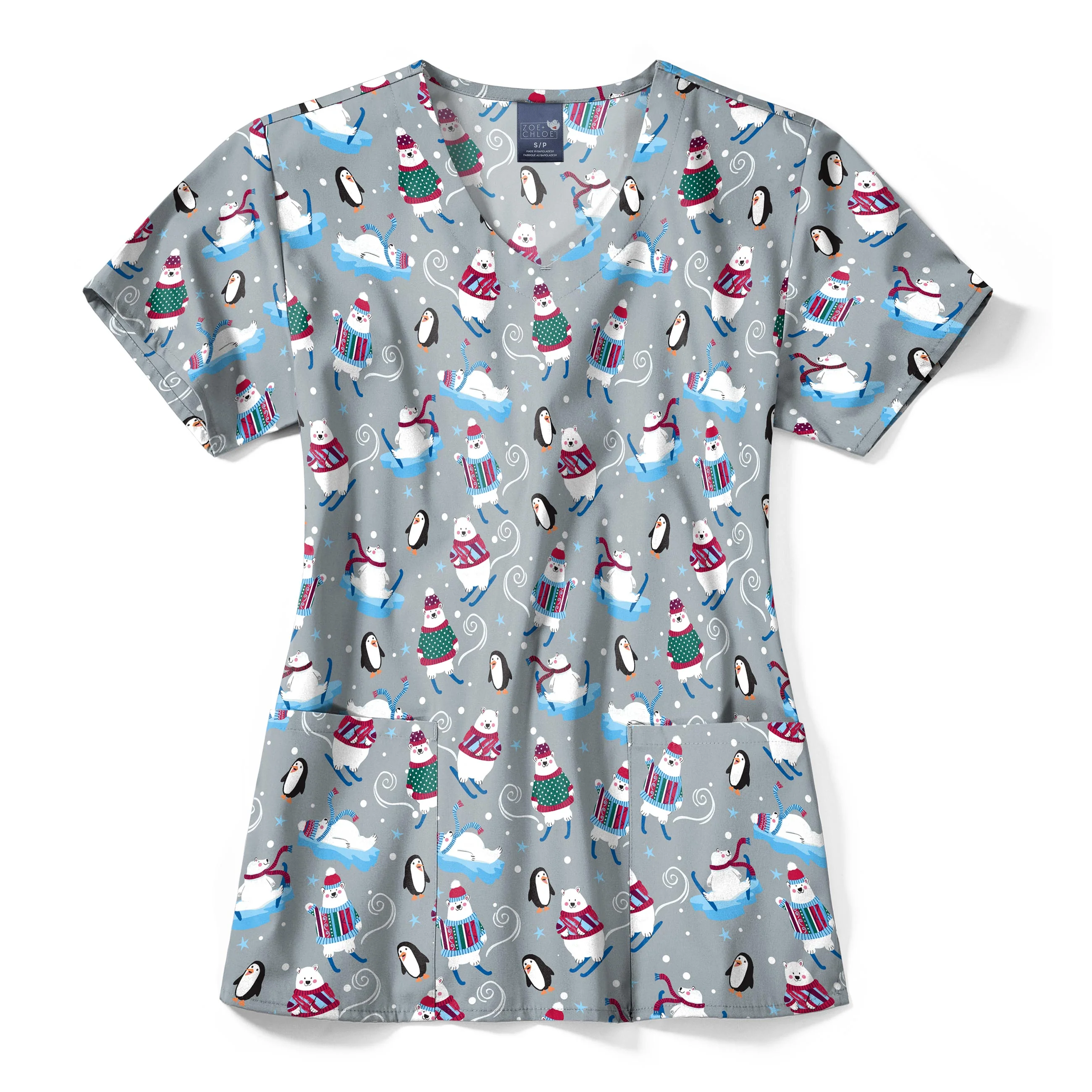 Zoe+Chloe Performance V-Neck Print Scrub Top - 'Tis the Skison - Image 3
